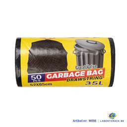 250x Zwarte Afvalzakken 35L – 52x65 cm – 50 Stuks per Rol – LDPE – Met Treksluiting