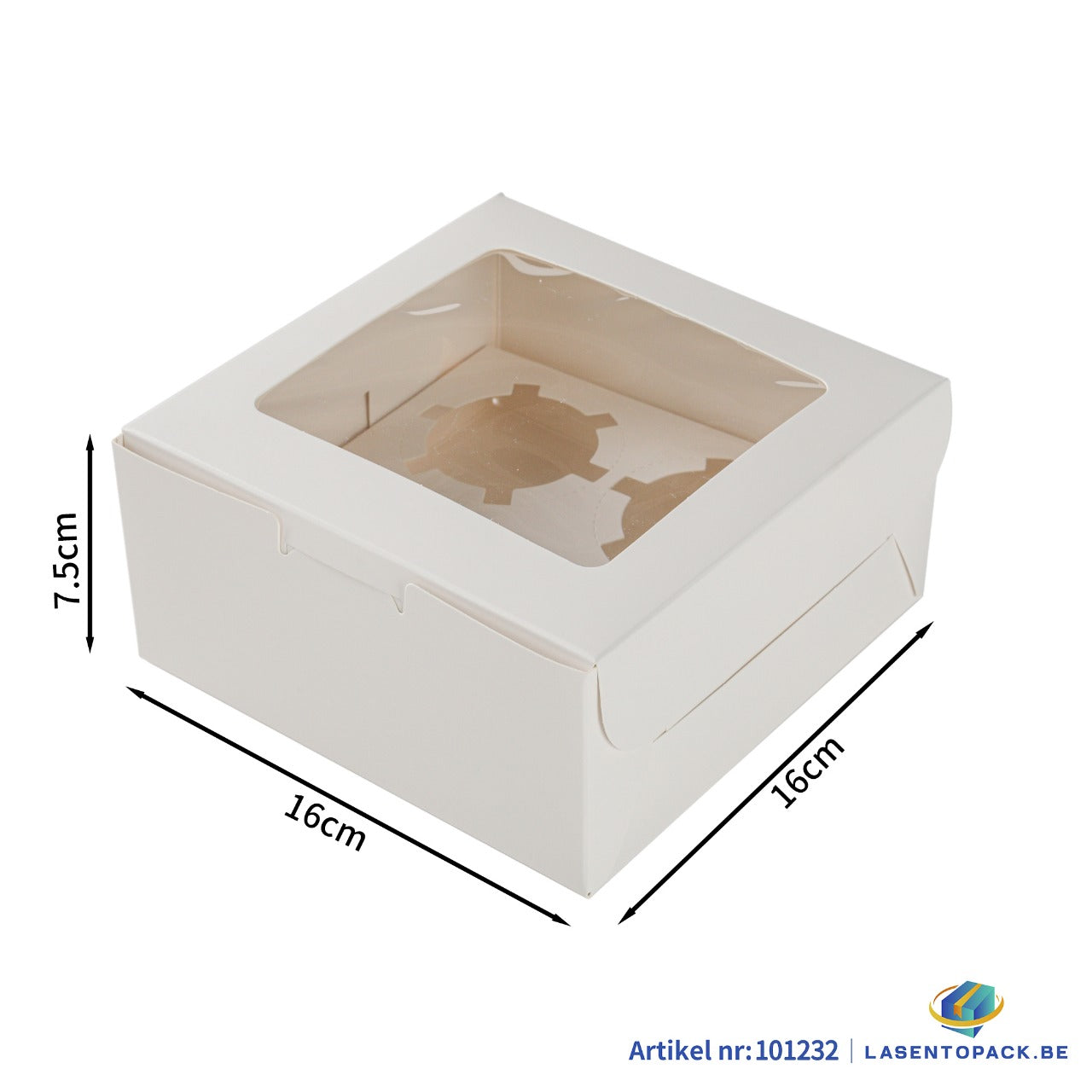 50x Taartdoos voor 4 Cupcakes met Venster – 16 x 16 x 7,5 cm (Inlay Uitneembaar)