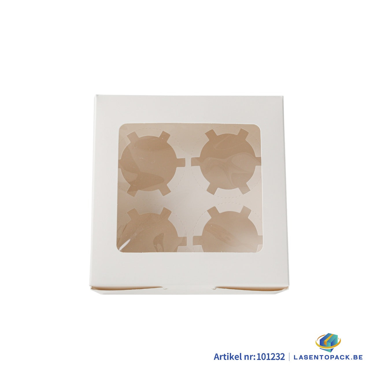 50x Taartdoos voor 4 Cupcakes met Venster – 16 x 16 x 7,5 cm (Inlay Uitneembaar)