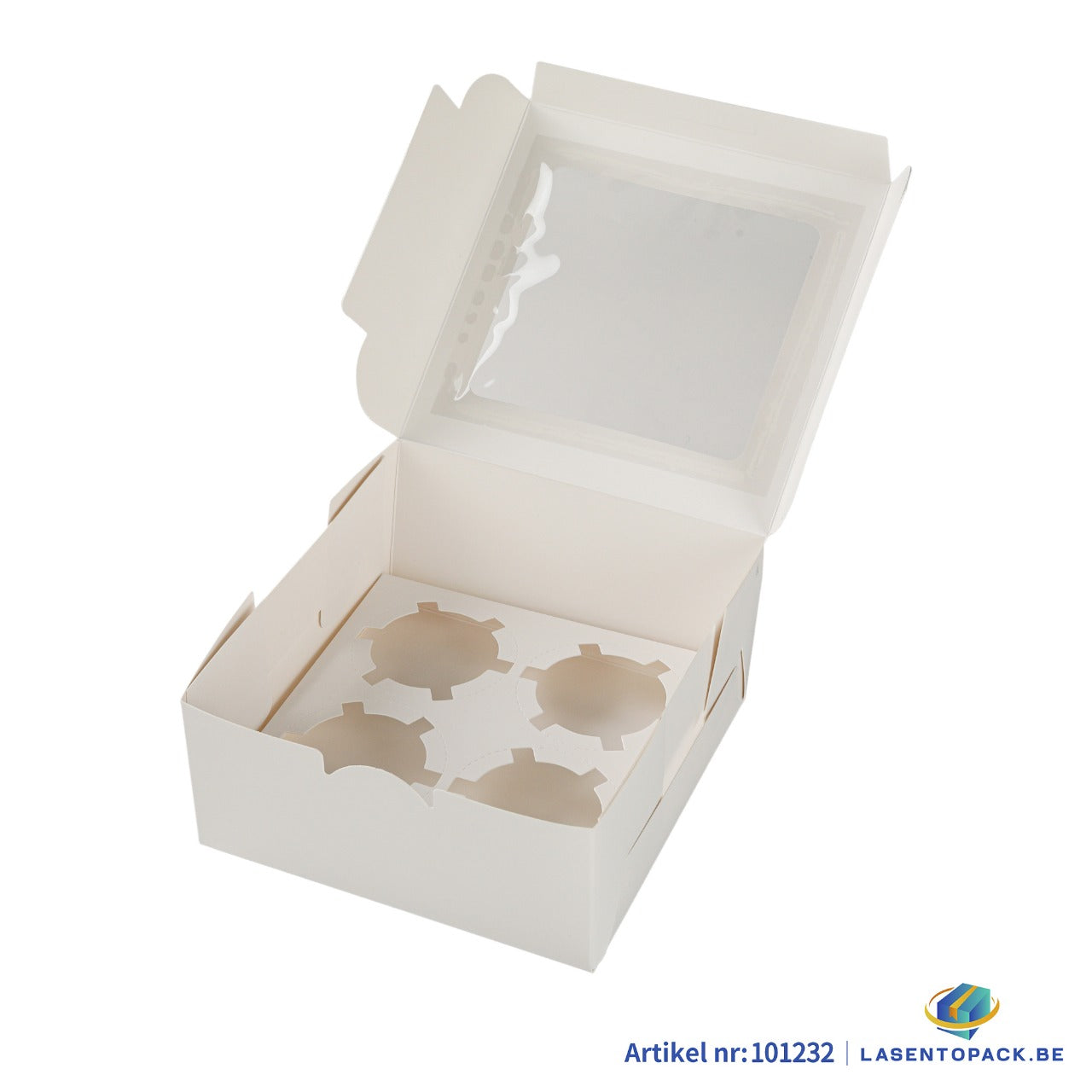 50x Taartdoos voor 4 Cupcakes met Venster – 16 x 16 x 7,5 cm (Inlay Uitneembaar)