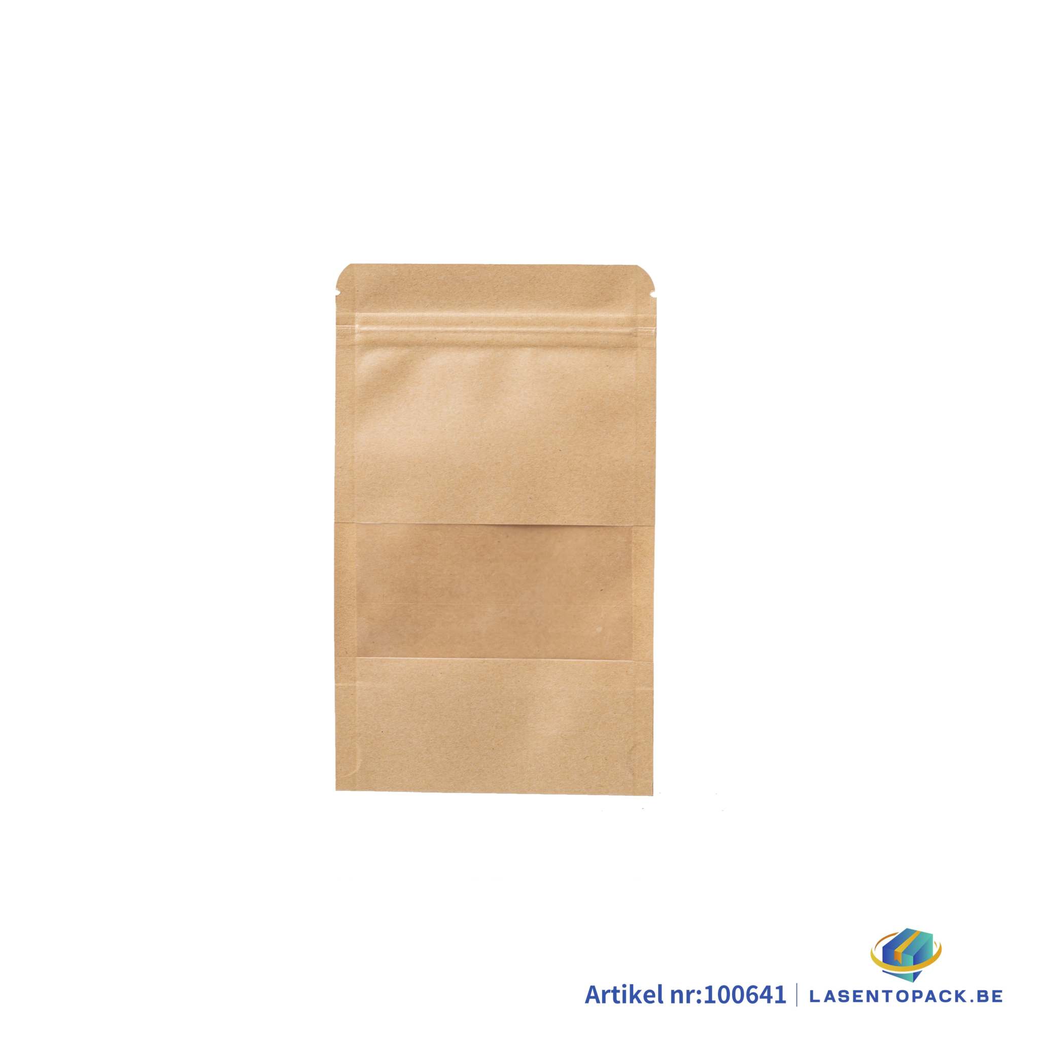 Stazakken van kraftpapier met transparant venster voor noten, koffiebonen en gedroogd fruit in diverse maten en kleuren
