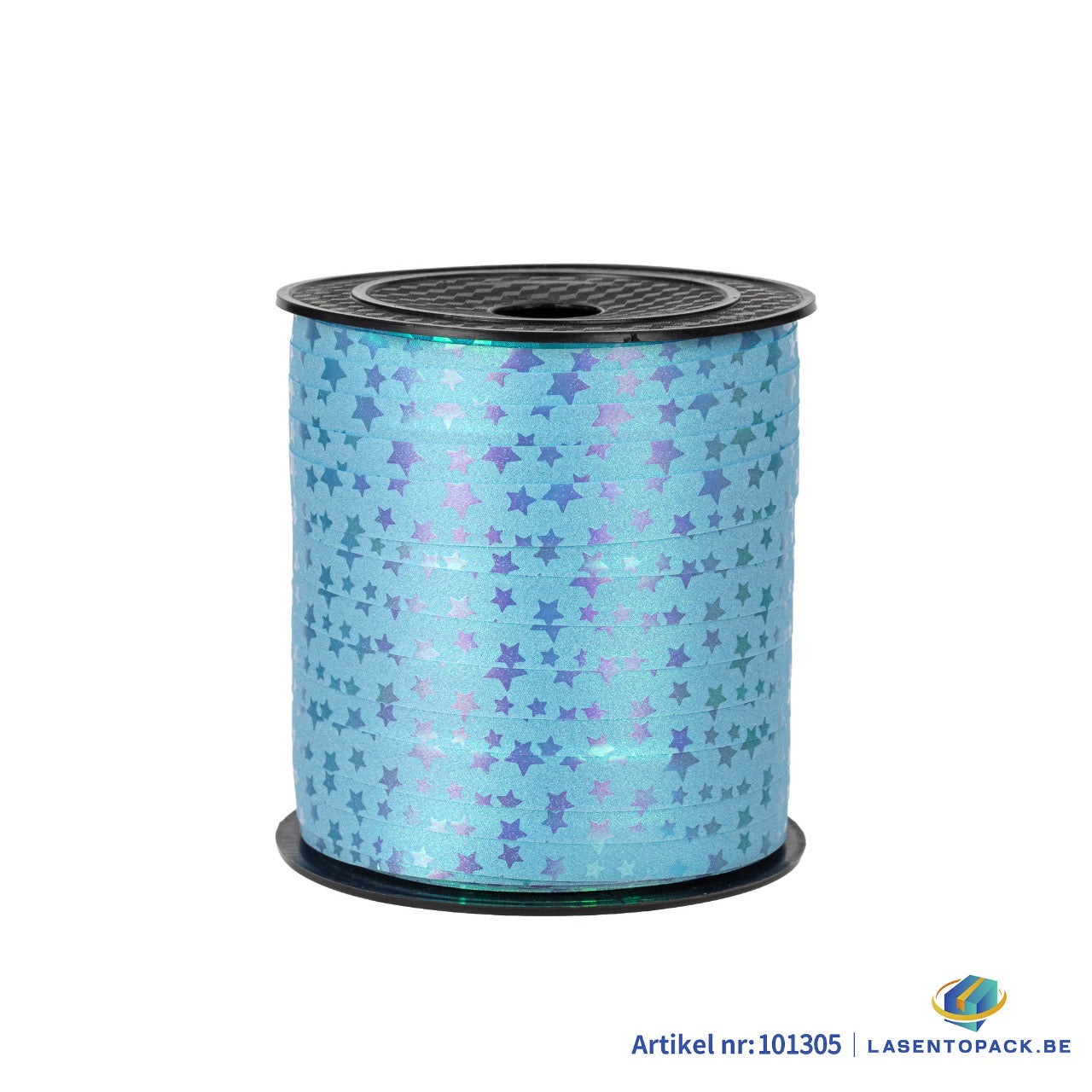 Krullint 10 mm x 100 meter Licht Blauw met Ster print