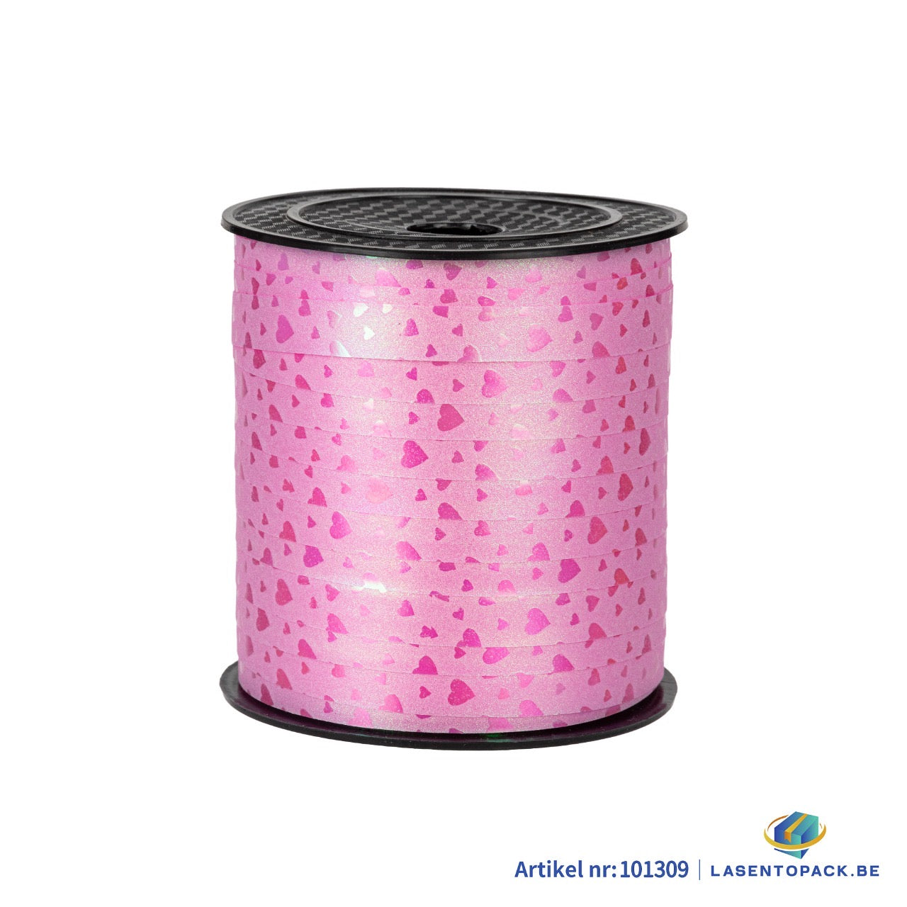 Krullint 10 mm x 100 meter Baby Roze met Hart print