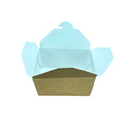 Take away box van bruin kraftpapier met witte binnenkant, compact en geschikt voor warme en koude maaltijden zoals wokgerechten.