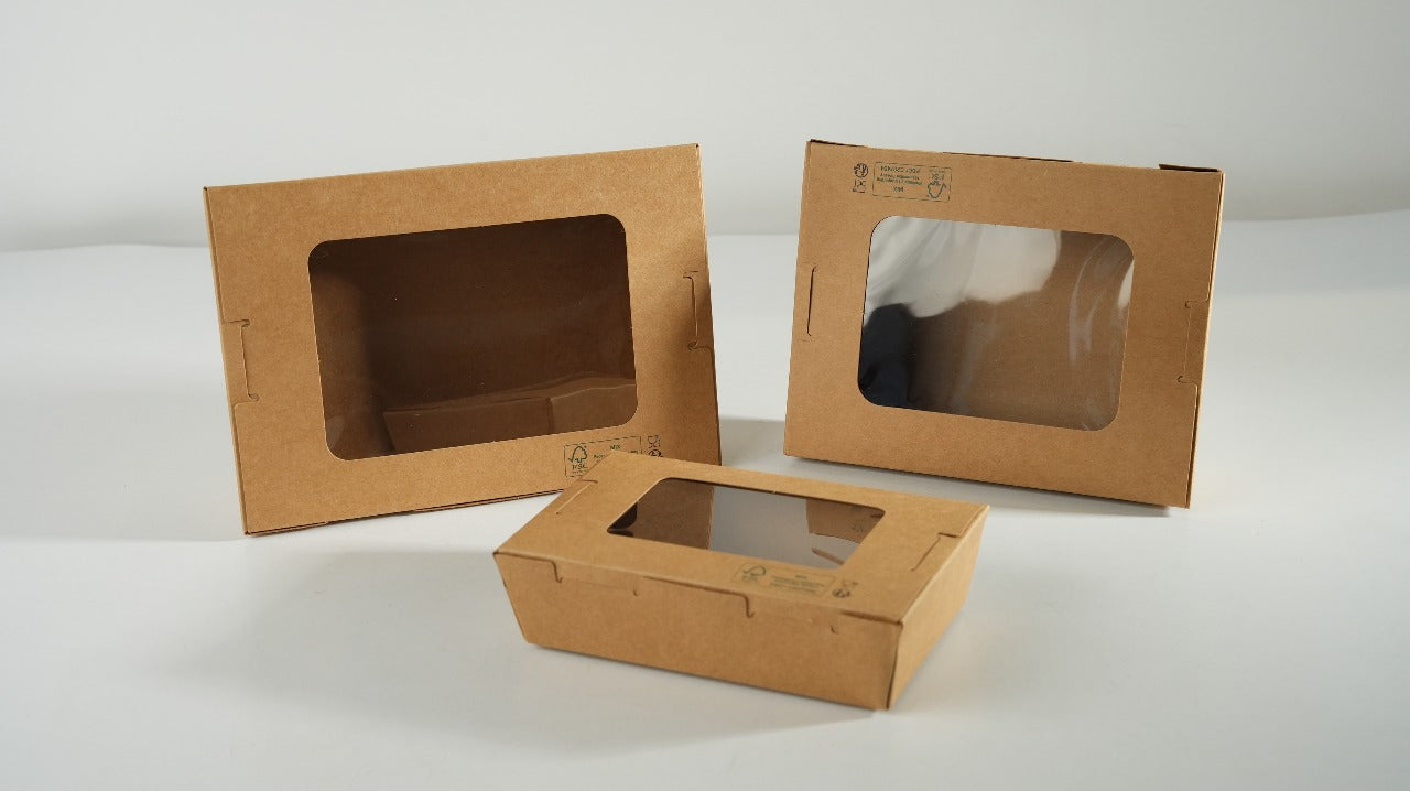 300x Foodbox met venster 900ml bruin BIO Nature Kraft FSC
