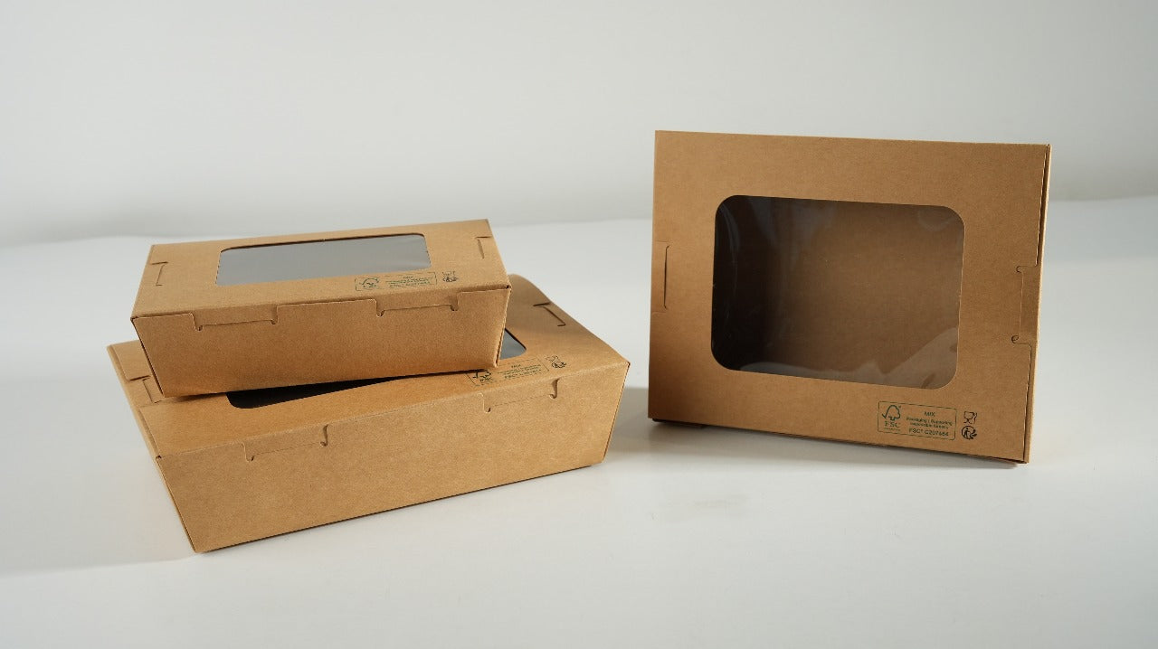 300x Foodbox met venster 900ml bruin BIO Nature Kraft FSC