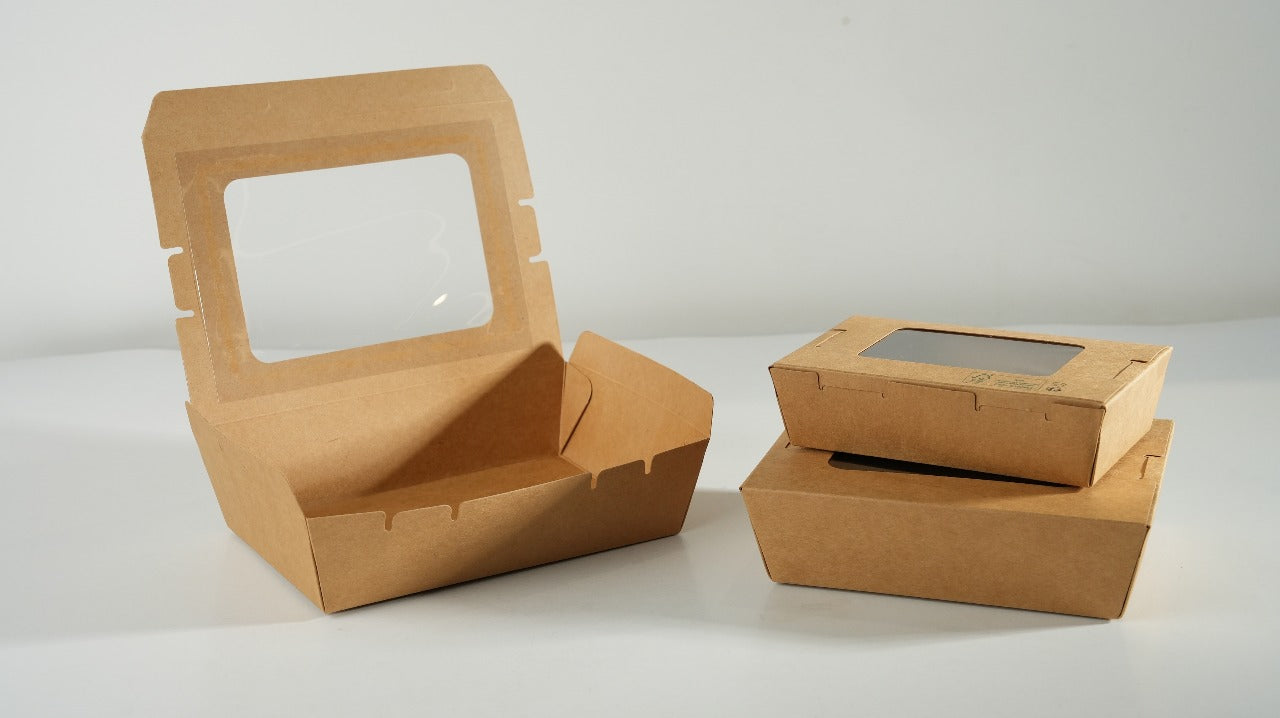 300x Foodbox met venster 900ml bruin BIO Nature Kraft FSC