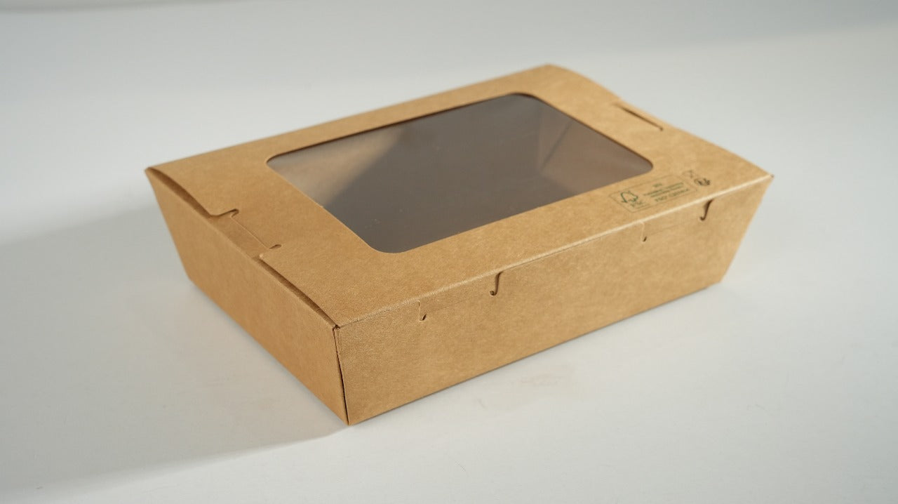 300x Foodbox met venster 900ml bruin BIO Nature Kraft FSC