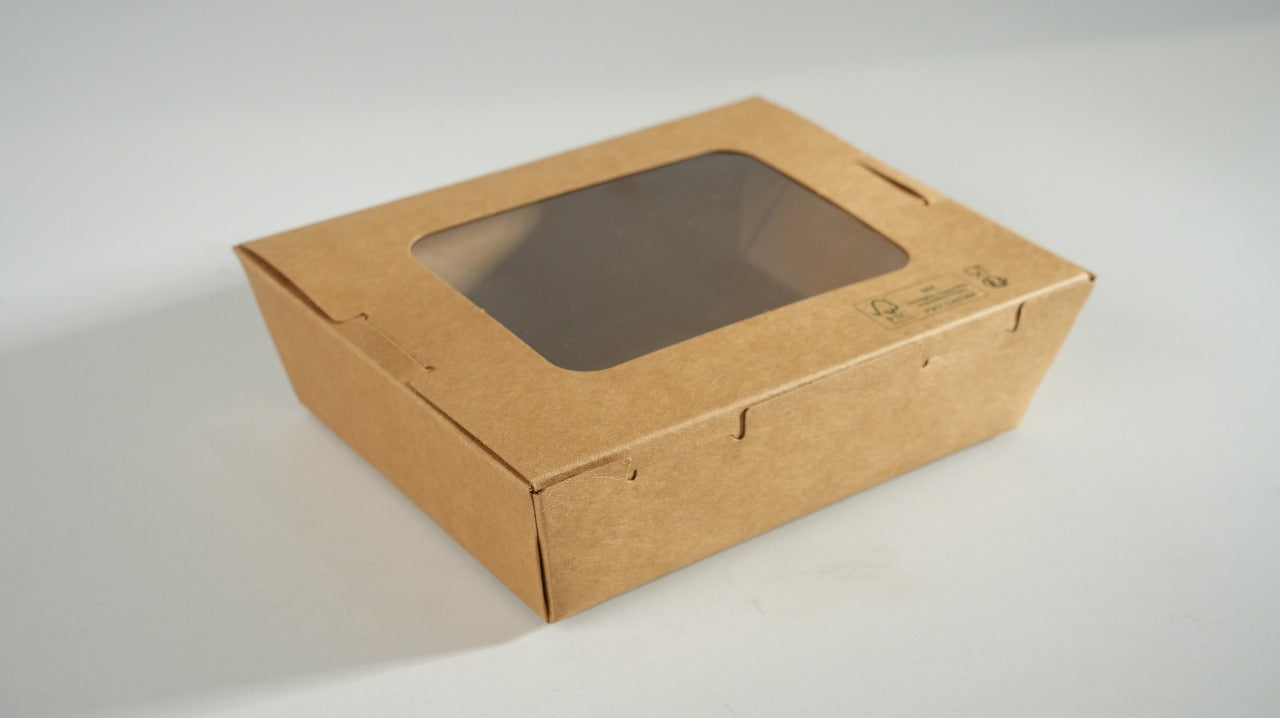 300x Foodbox met venster 500ml bruin BIO Nature Kraft FSC