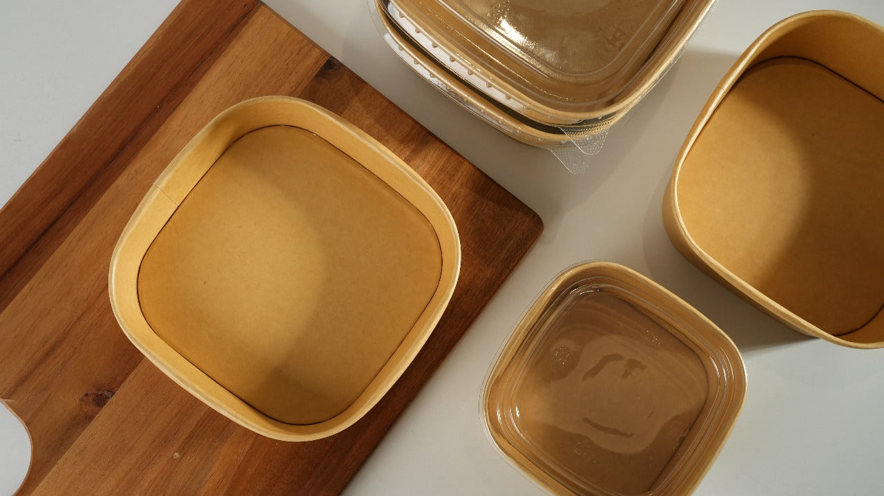 300x Vierkante maaltijdbak karton 1000ml  34 oz  170 x 170 x 55 mm Kraft FSC en BIO