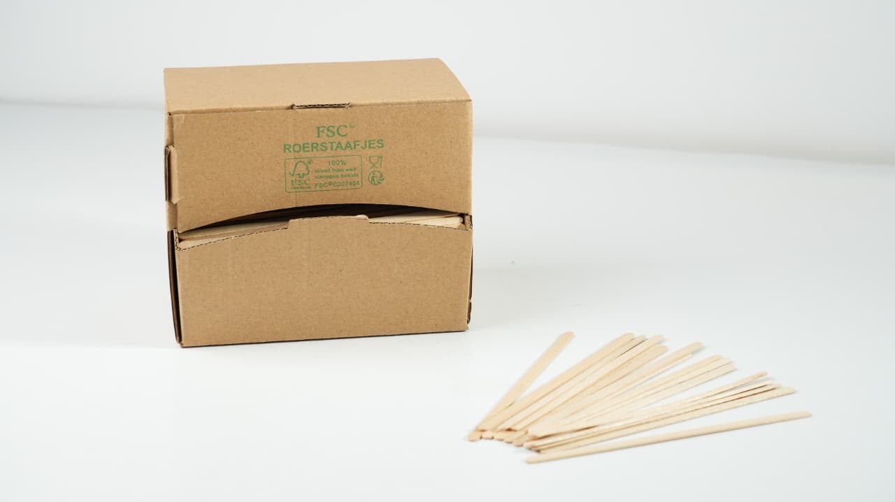 Roerstaafjes in dispenser box 14cm FSC 100% Hout