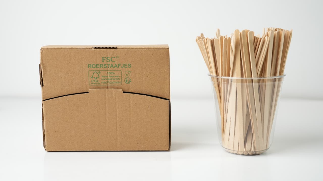 Roerstaafjes in dispenser box 14cm FSC 100% Hout