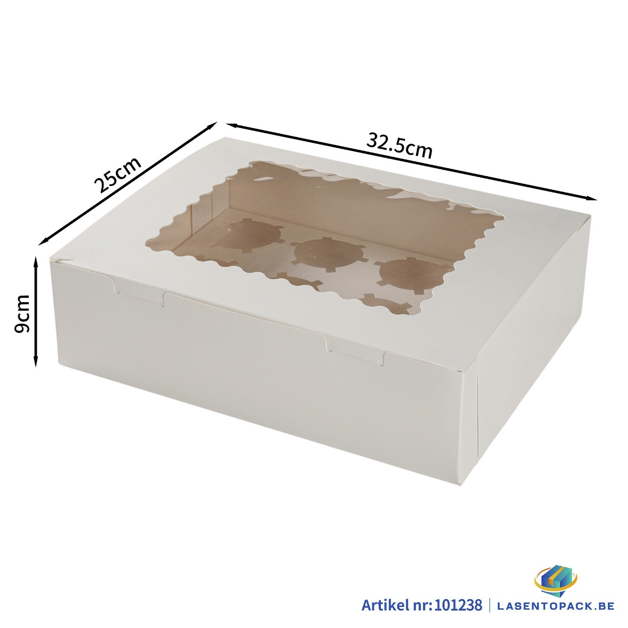 Taartdoos voor 12 Cupcakes met Venster – 32,5 x 25 x 9 cm (Inlay Uitneembaar)