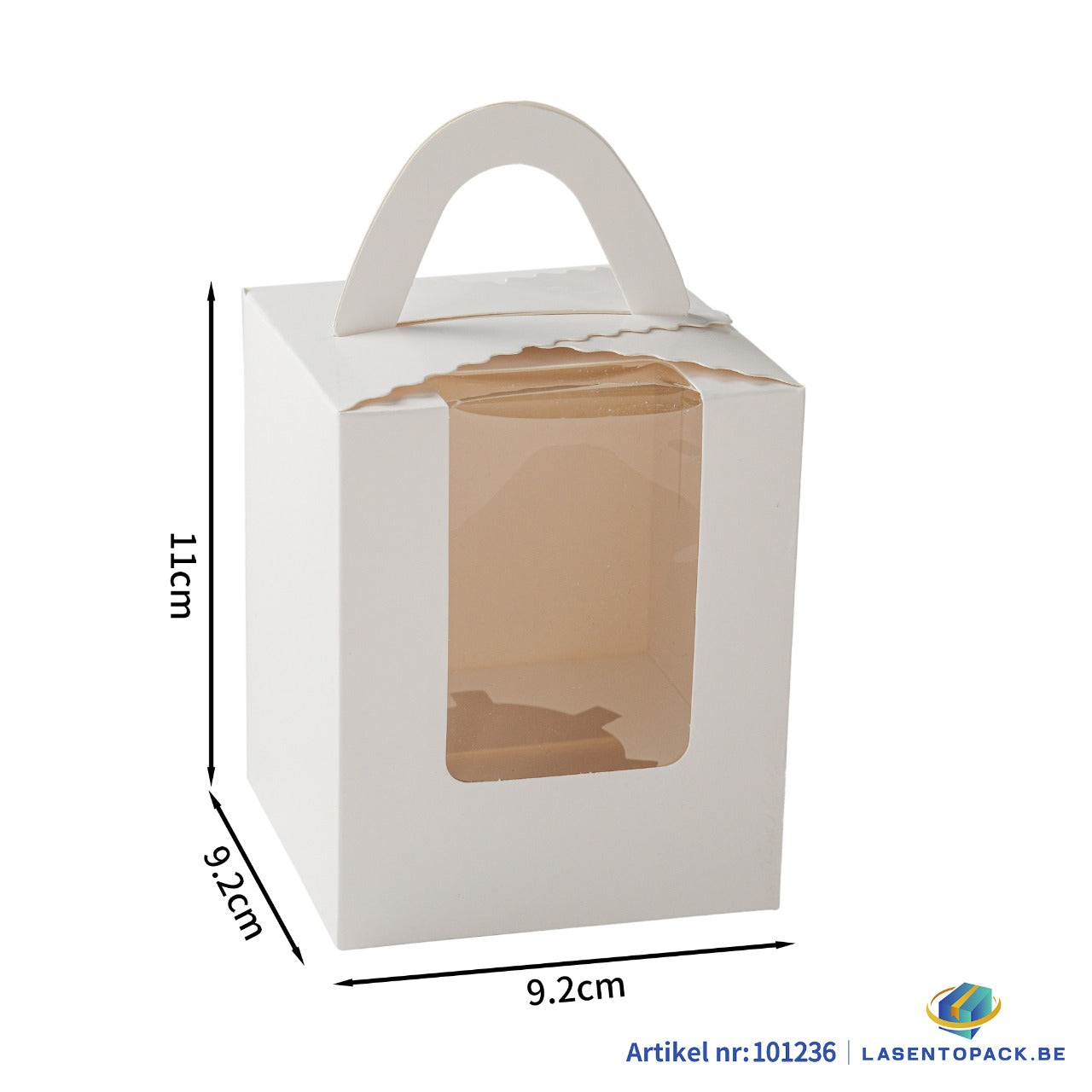Taartdoos voor 1 Cupcake met Venster en Handvat – 9,2 x 9,2 x 11 cm