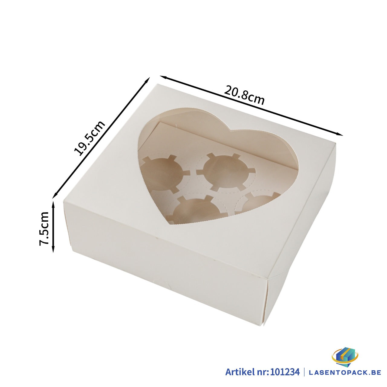 25x Taartdoos voor 6 Cupcakes met Hartvormig Venster – 20,8 x 19,5 x 7,5 cm  (Inlay Uitneembaar)