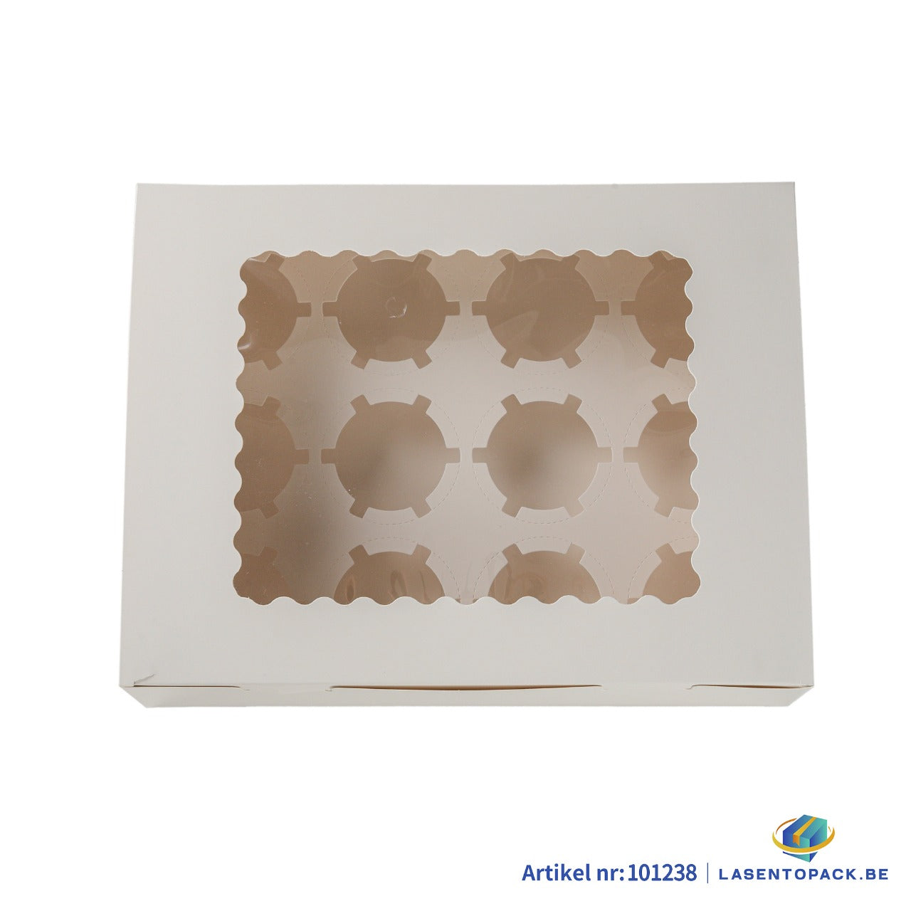 Taartdoos voor 12 Cupcakes met Venster – 32,5 x 25 x 9 cm (Inlay Uitneembaar)