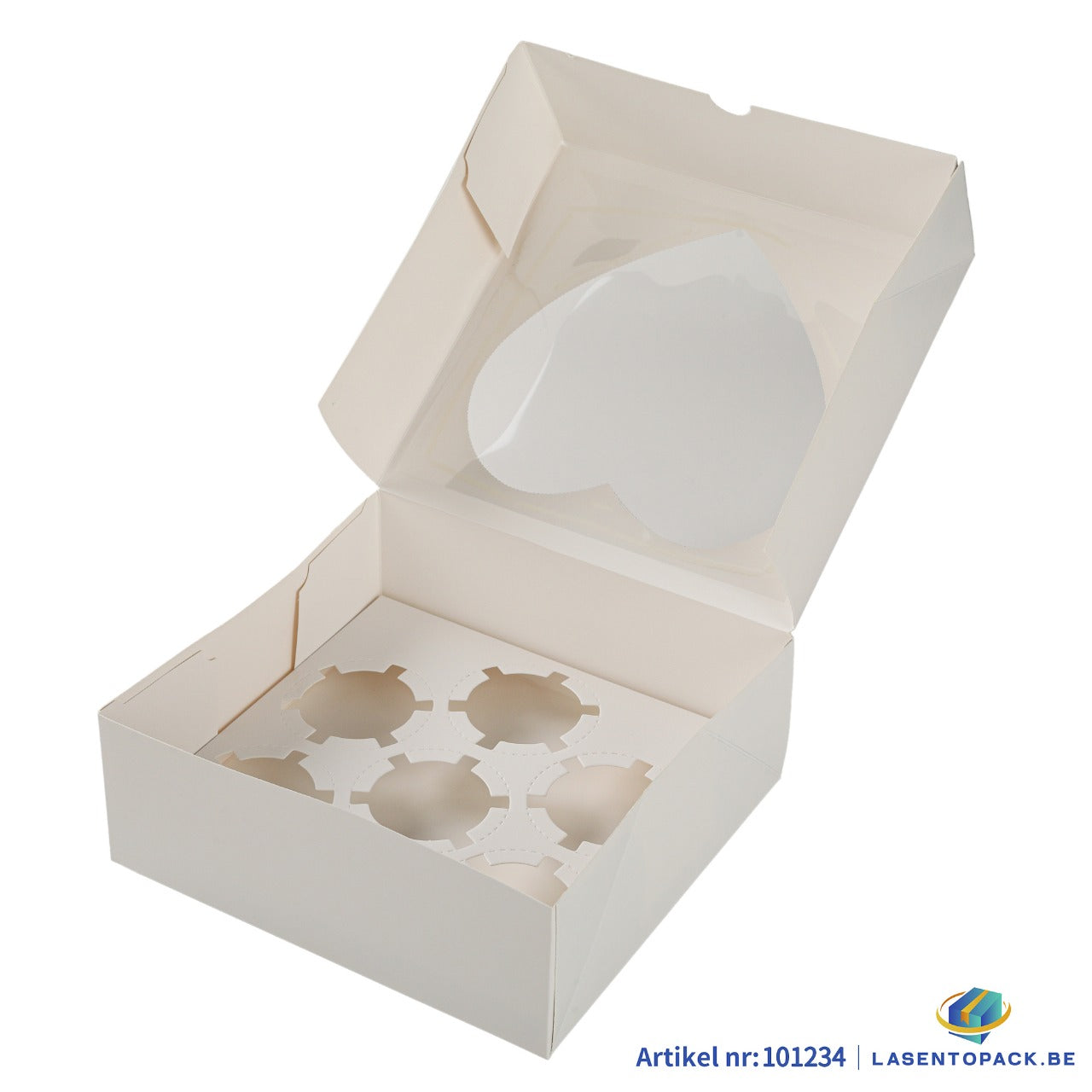 25x Taartdoos voor 6 Cupcakes met Hartvormig Venster – 20,8 x 19,5 x 7,5 cm  (Inlay Uitneembaar)