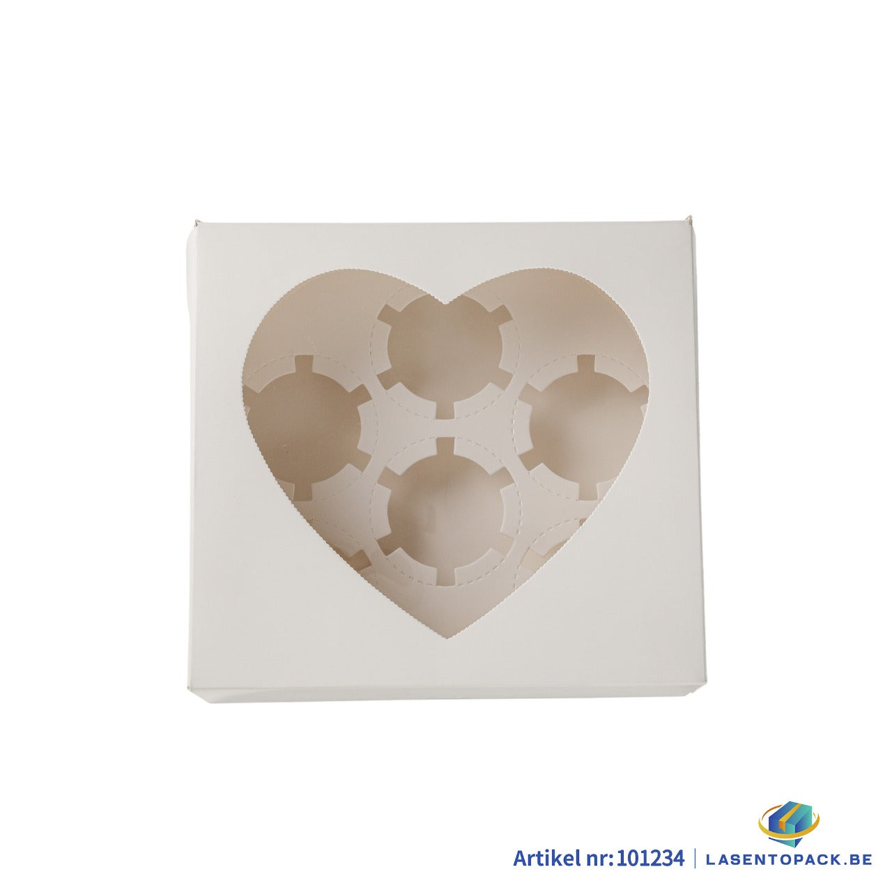 25x Taartdoos voor 6 Cupcakes met Hartvormig Venster – 20,8 x 19,5 x 7,5 cm  (Inlay Uitneembaar)