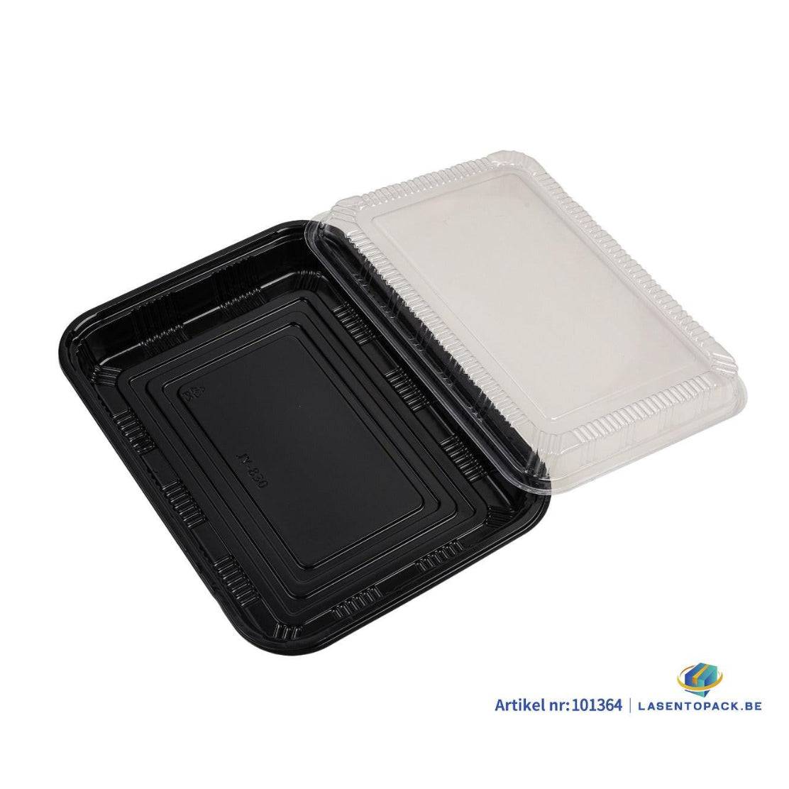 Zwarte sushi tray met transparant deksel 268x200x34mm, set van 200, rPET recyclebaar
