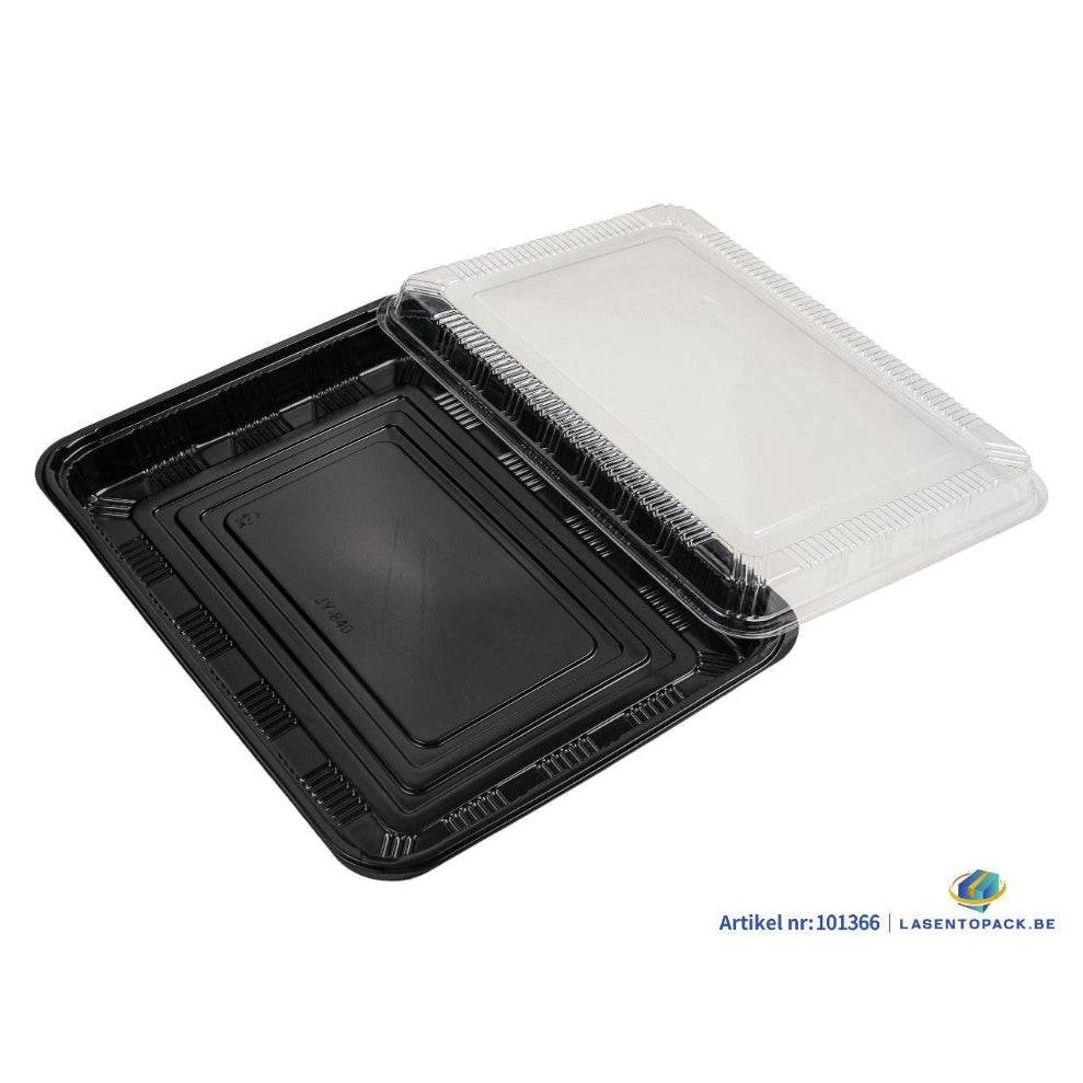 200 black sushi trays with transparent lids measuring 331x245x33mm stacked in a box, made of recyclable rPET