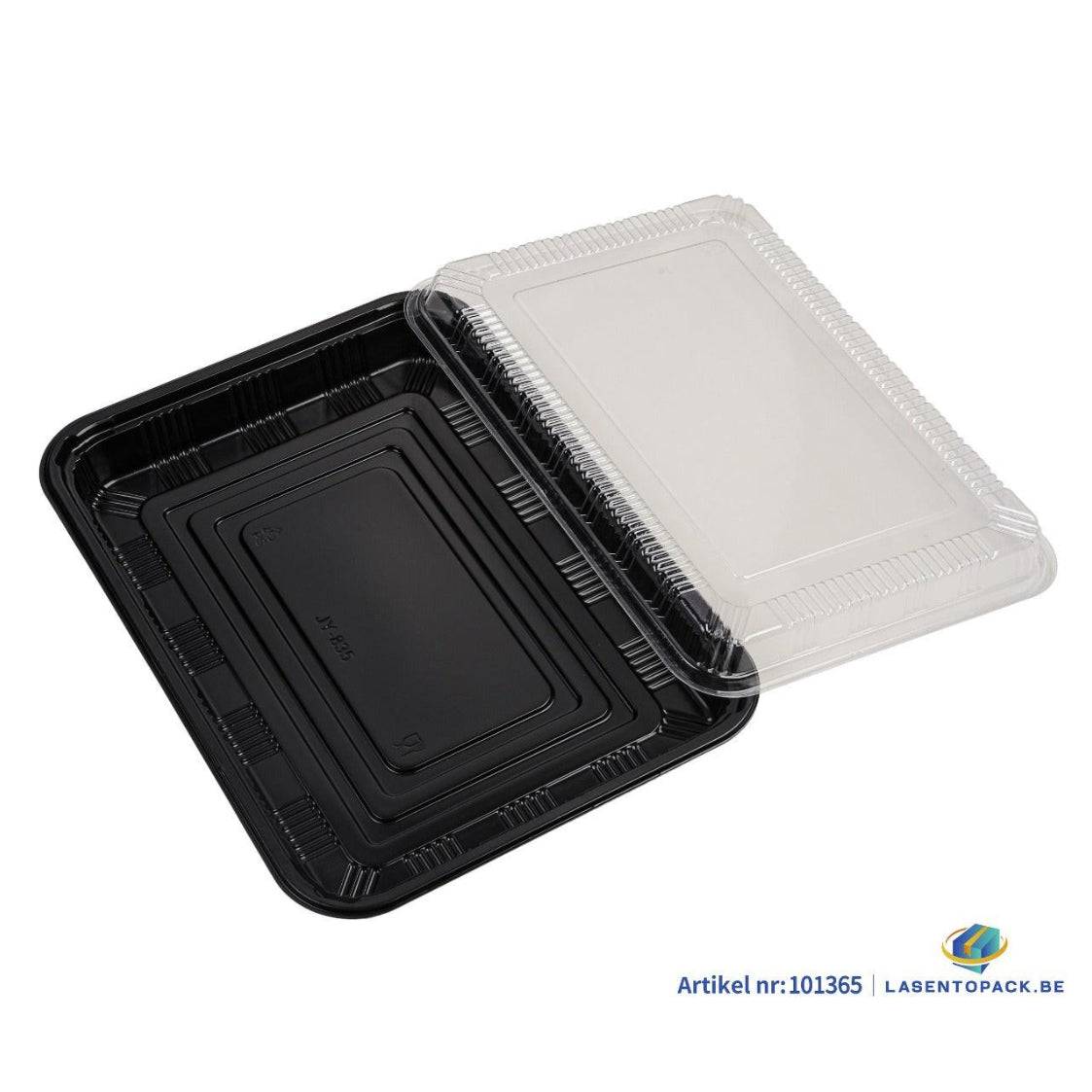 Zwarte sushi tray met transparant deksel 300x224x35mm, set van 200 stuks, duurzaam en recyclebaar rPET materiaal