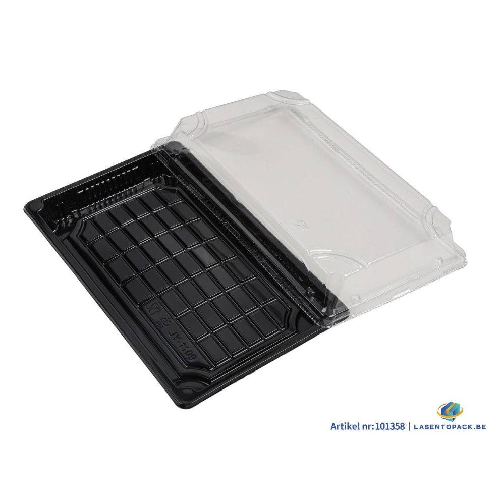 Black sushi tray with transparent lid 240x150x20mm, set of 400 trays and lids, made of recyclable rPET