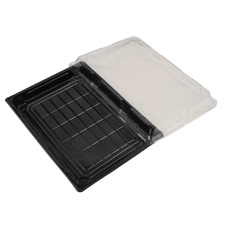 Zwarte sushi tray met transparant deksel, 255x155x20mm, doos van 200 sets, duurzaam en stapelbaar sushiverpakking