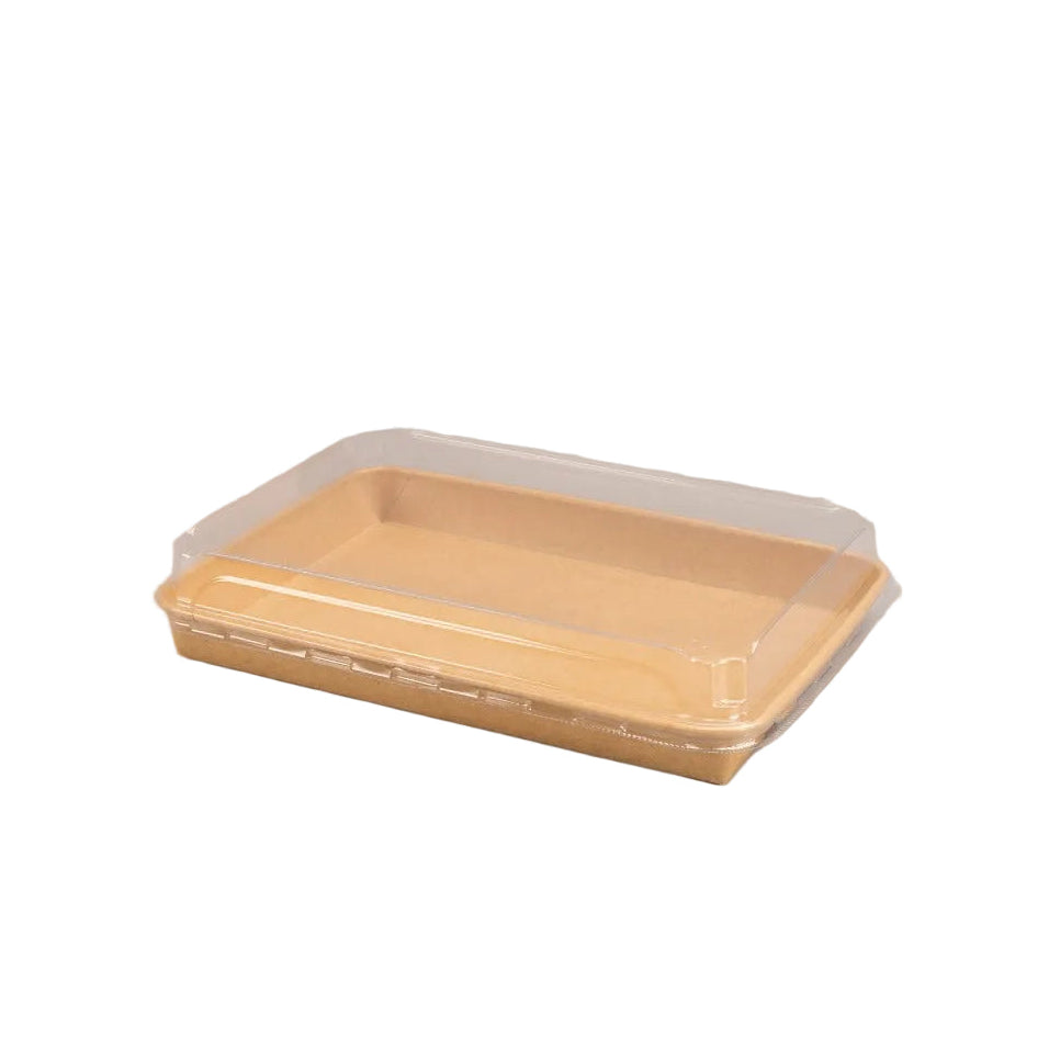 200 kraft sushi trays with transparent lids stacked for food packaging and delivery