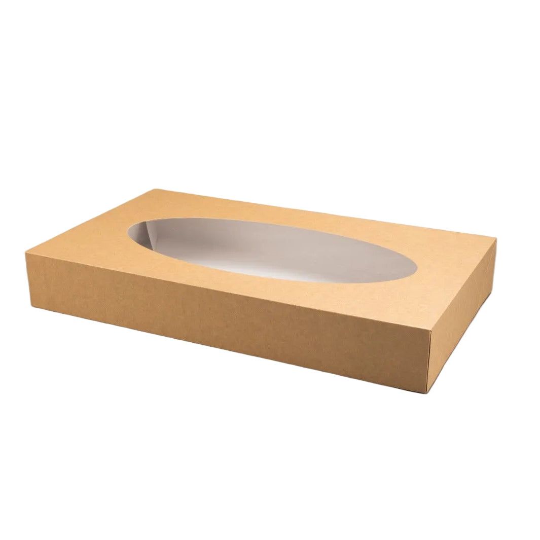 Grote cateringdoos van kraft karton met venster, 25 stuks, 56x32x8 cm, voedselveilig en recyclebaar.