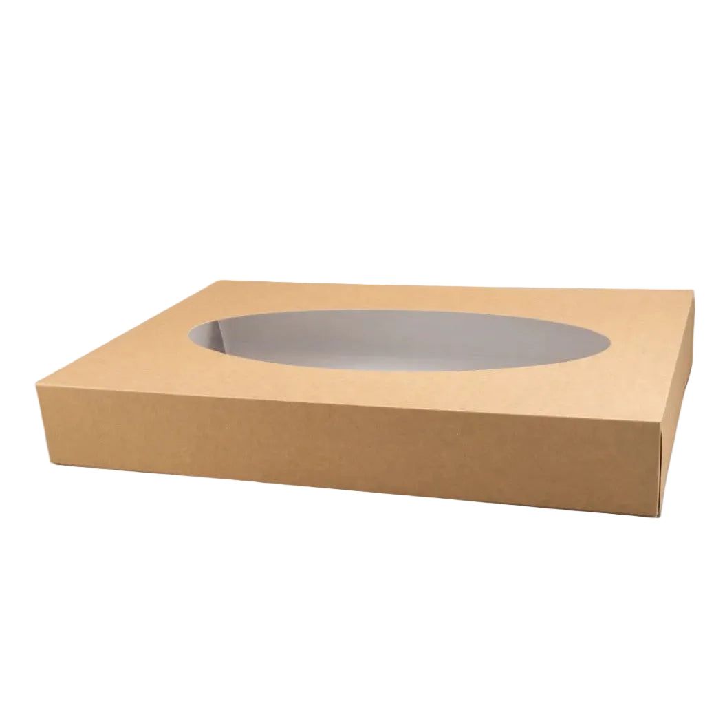 25 stuks grote kraft cateringdozen met venster 56x38x8 cm duurzaam en voedselveilig