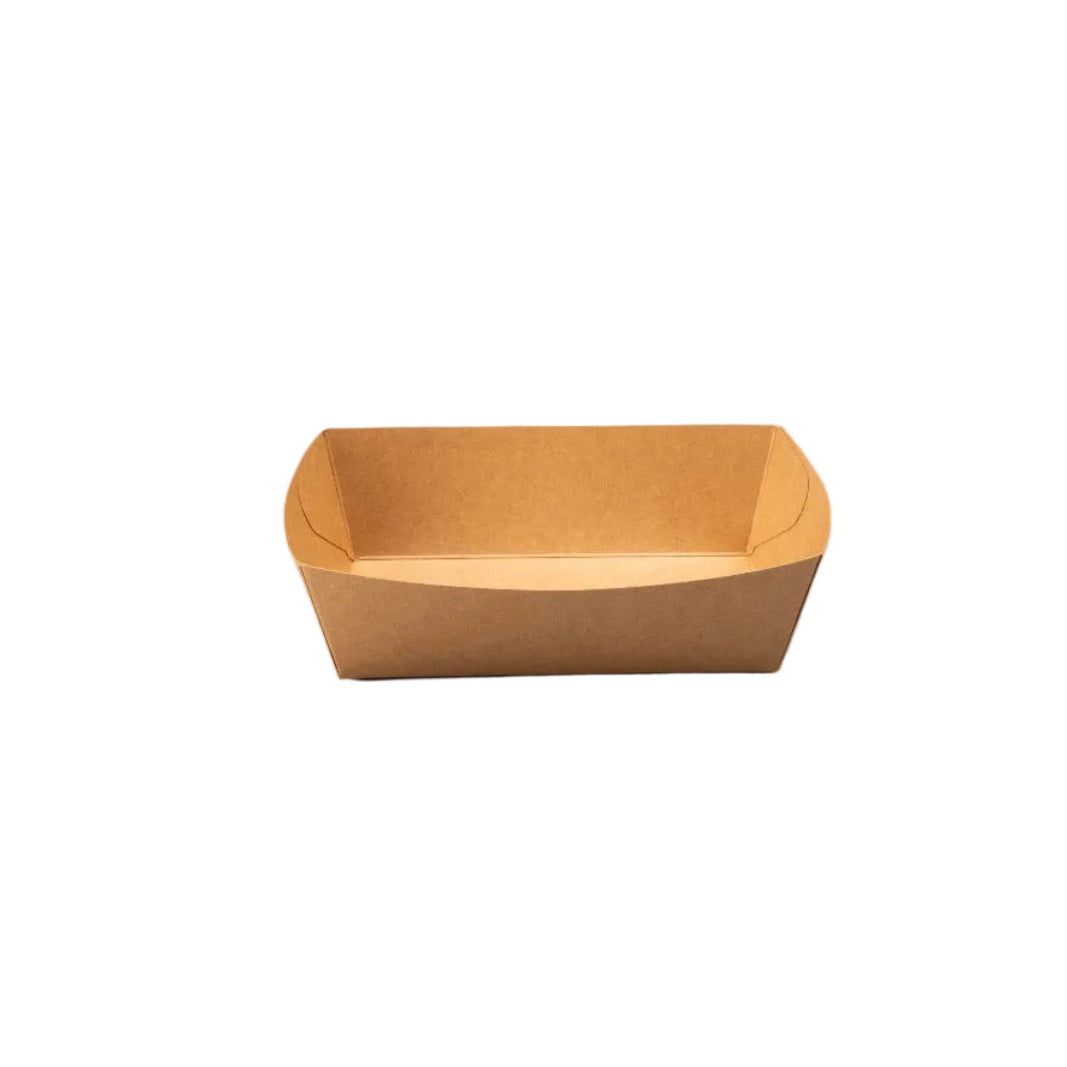 Stack of 400 brown kraft paper Frietbakjes A13 for fries and snacks, eco-friendly disposable trays