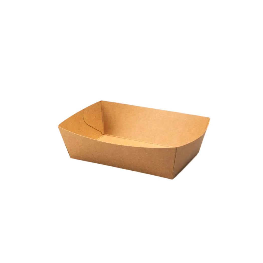 Stapled brown kraft Frietbakjes A13 kraft cardboard snack trays stacked in bulk packaging
