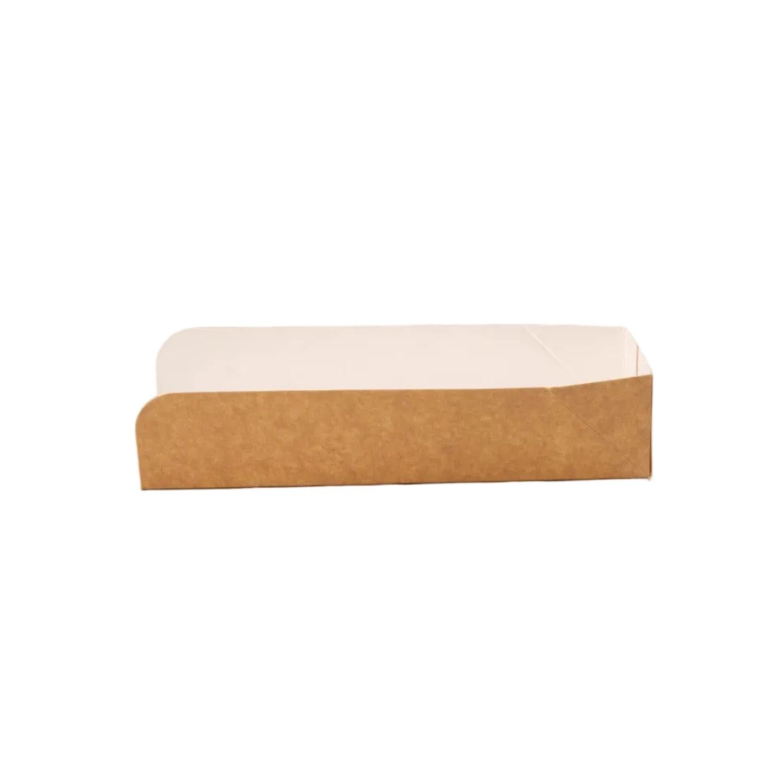 Stack of 300 eco-friendly kraft and white Zakschuiver hotdog trays for takeaway and events