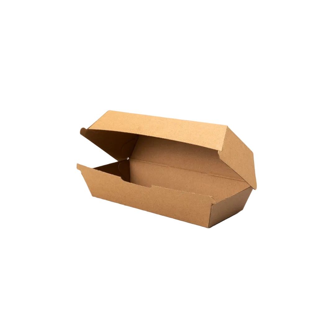 Stack of 300 eco-friendly kraft hotdog boxes 18x7x7cm with clip closure for foodservice packaging