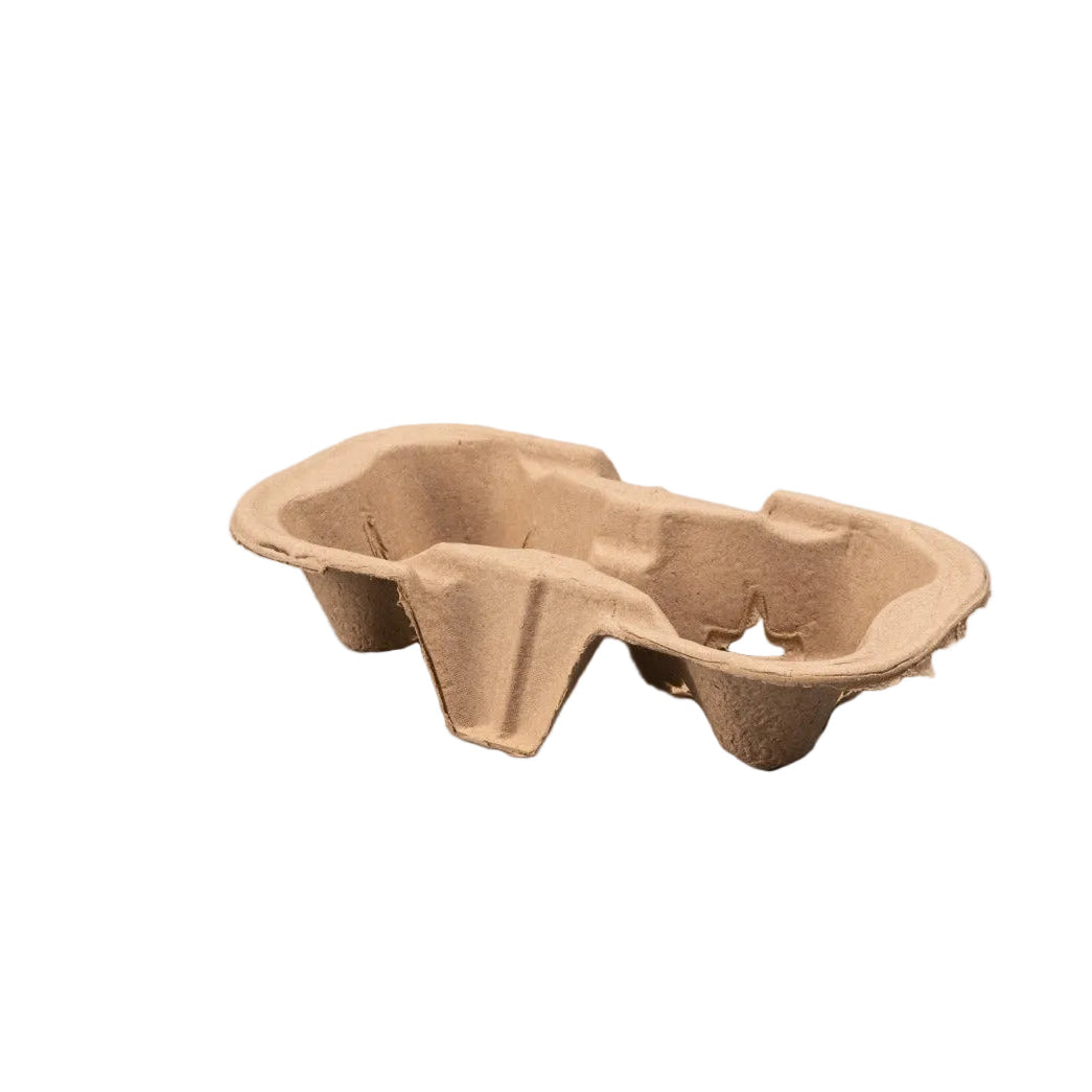 Stapled brown recycled cardboard draagtray designed to hold 2 cups securely for takeaway drinks