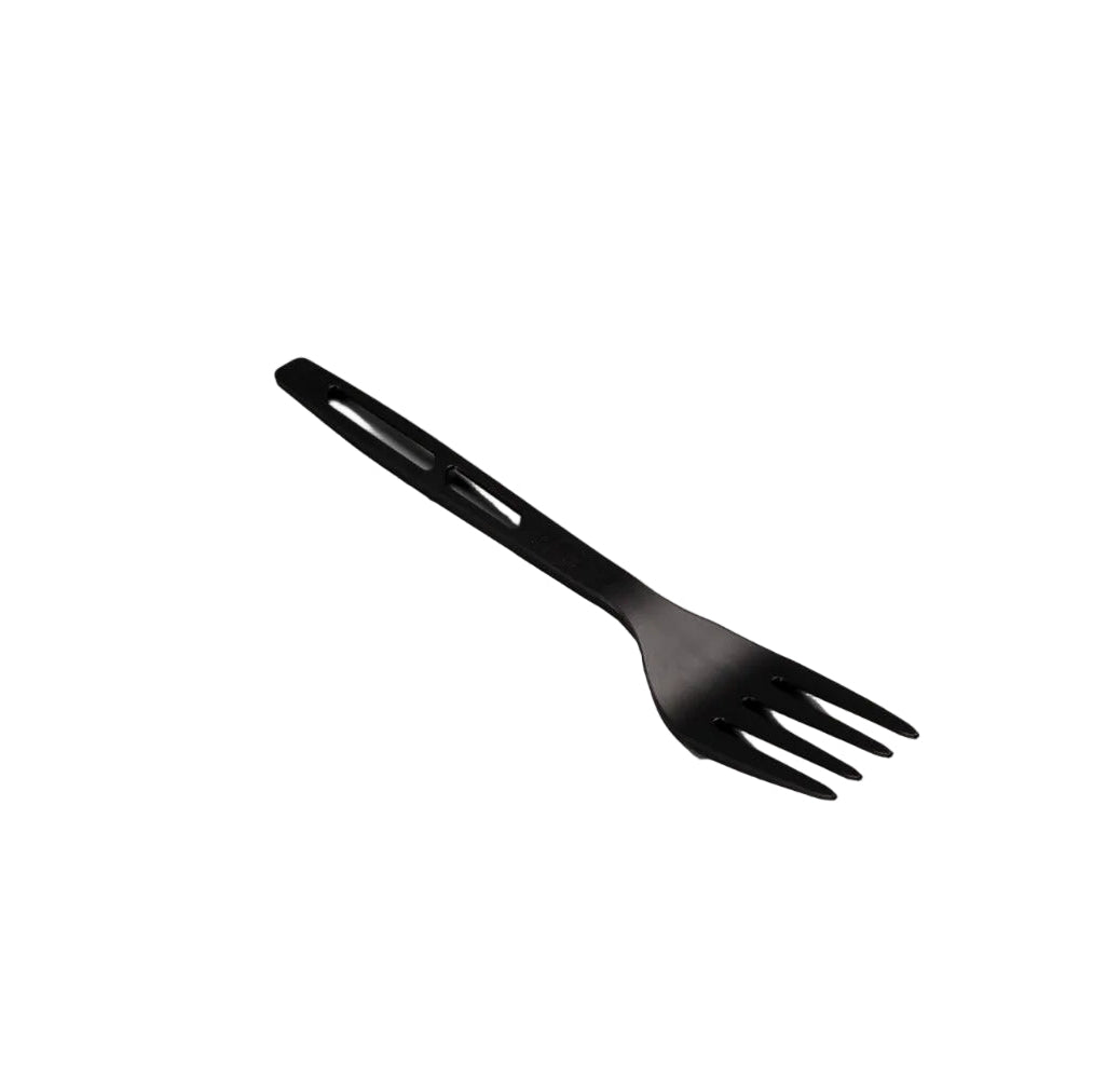 Black 168mm herbruikbare vork made from eco-friendly biodegradable CPLA material, pack of 1000