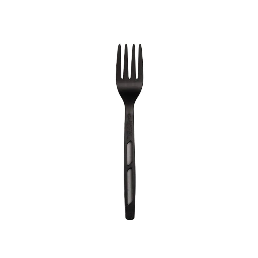 Set of 1000 black reusable 168mm CPLA bio forks for eco-friendly foodservice use