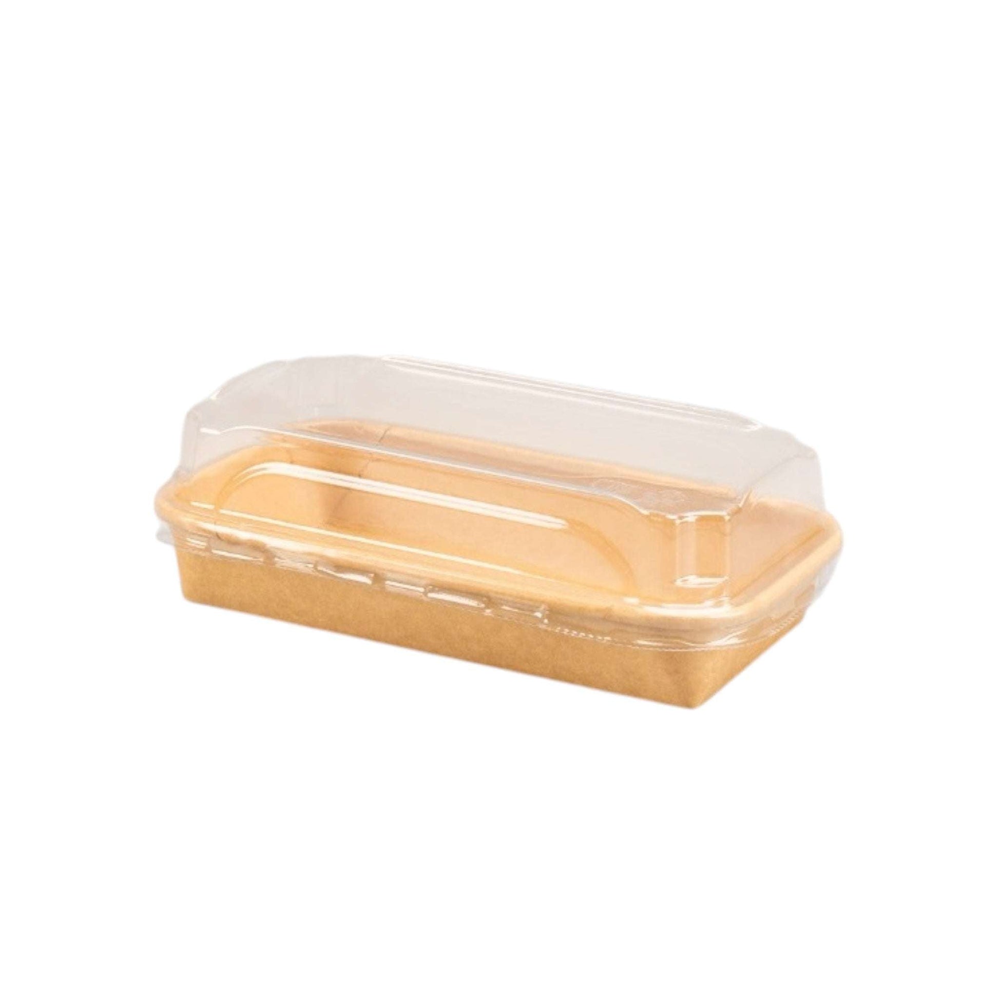 300 kraft cardboard sushi trays with transparent lids stacked for take-away packaging