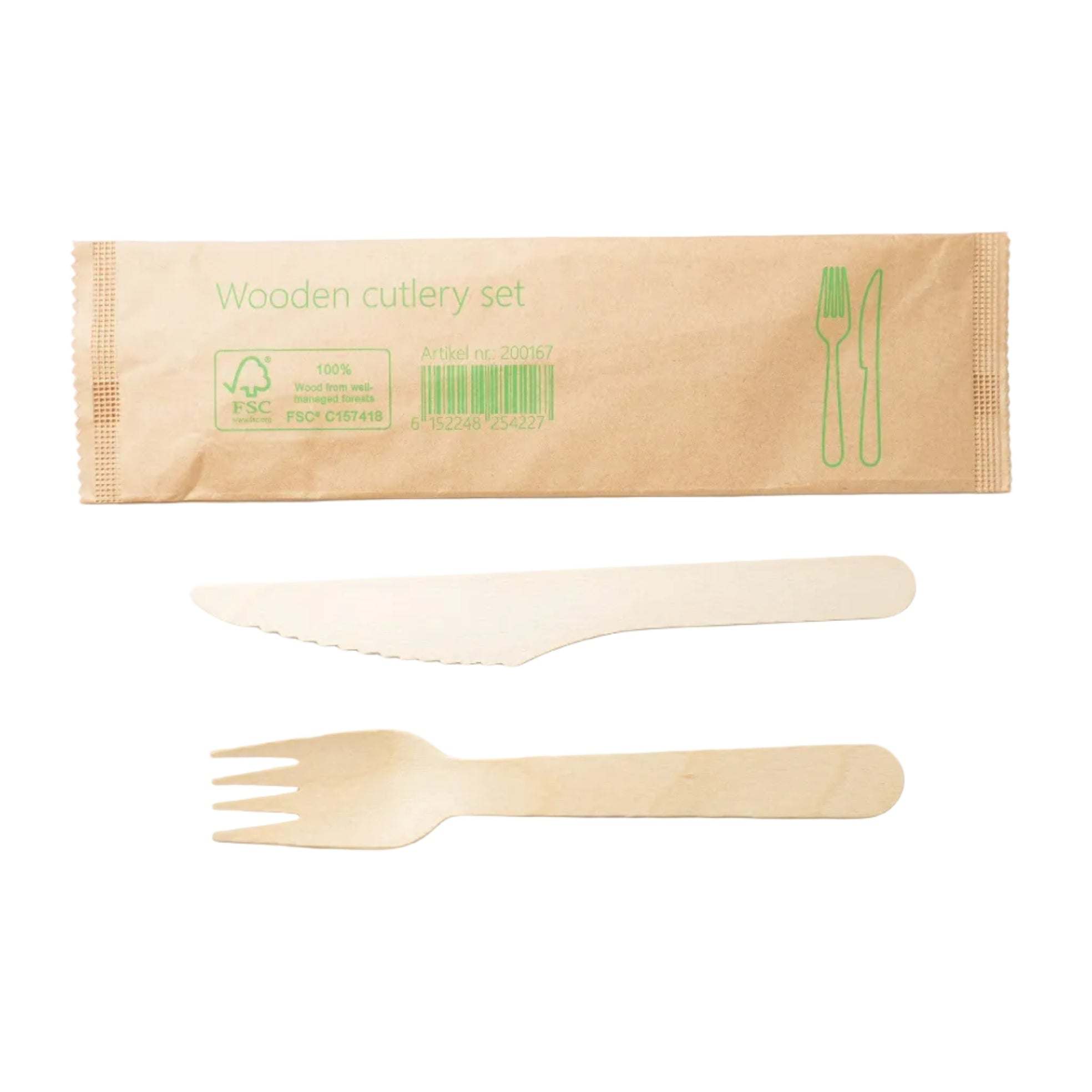 500x Houten bestekset 2/1 mes + vork 100% FSC biologisch