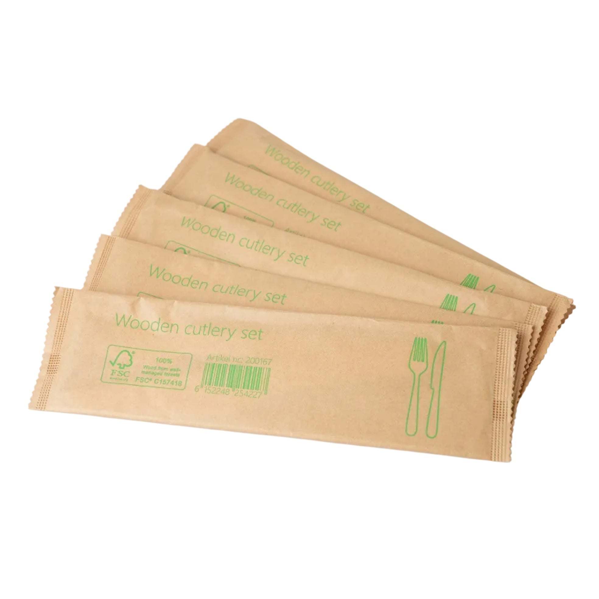 500x Houten bestekset 2/1 mes + vork 100% FSC biologisch