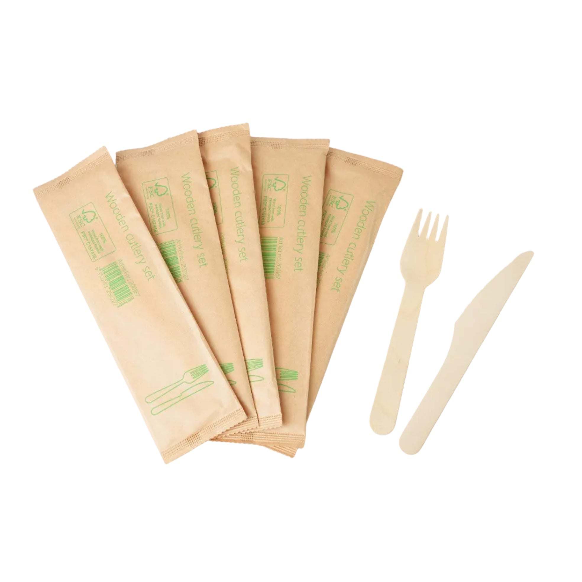 500x Houten bestekset 2/1 mes + vork 100% FSC biologisch