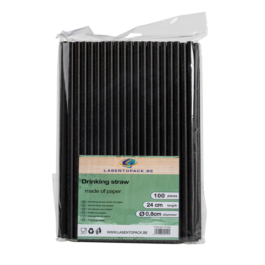 100x BIO Papieren rietjes 8mm x 240mm Zwart