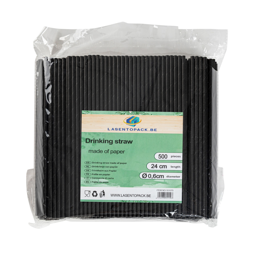 500x BIO Papieren rietjes 6mm x 240mm Zwart