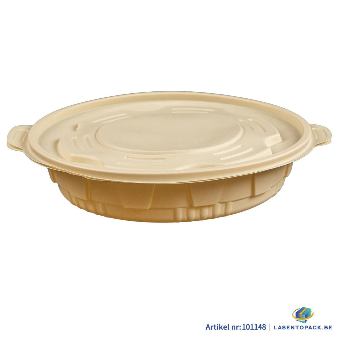 Set of 100 natural beige 2000 ml maaltijdbowls with lids made from PP and maize, microwave and freezer safe