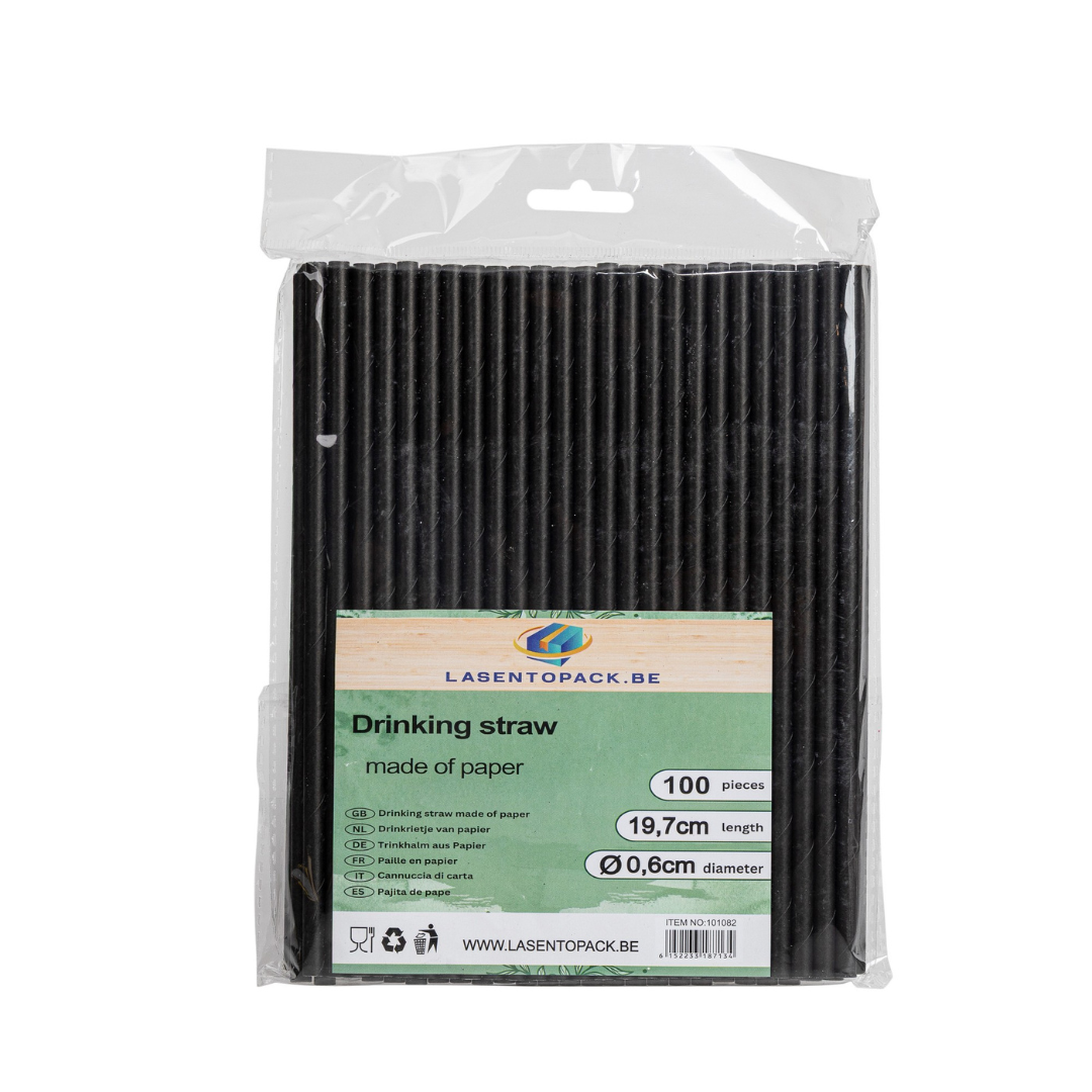 100x BIO Papieren rietjes 6mm x 197mm Zwart