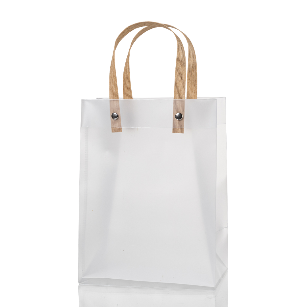 Set of 12 transparent frosted plastic bags with paper handles, 20x15x10cm, ideal for gift packaging