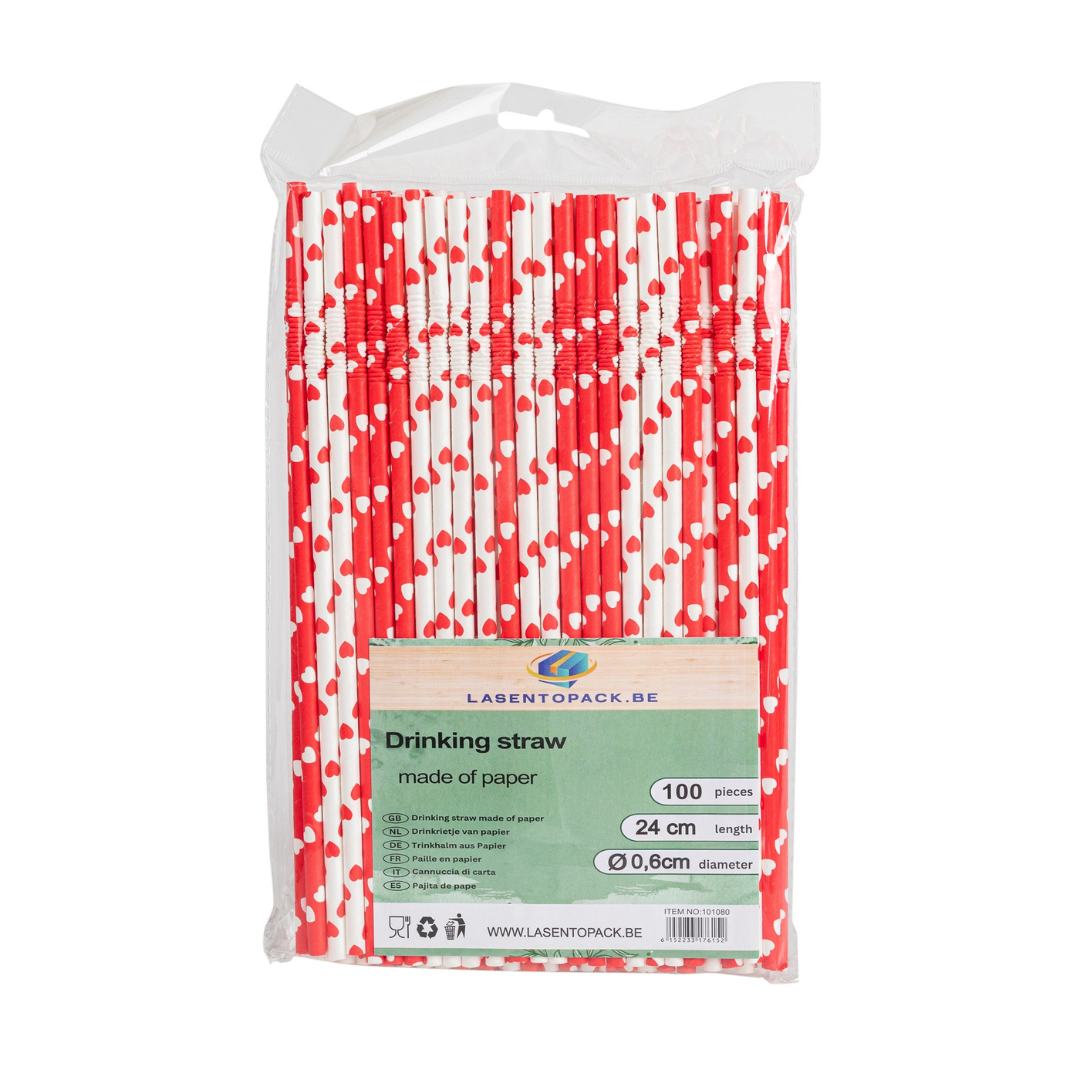 100x BIO Papieren buigrietjes 6mm x 240mm Hartjes wit-rood