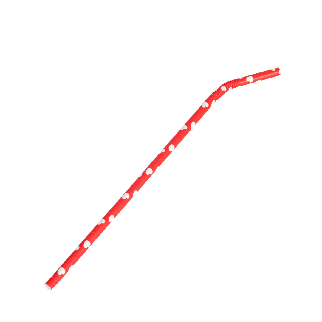 100x BIO Papieren buigrietjes 6mm x 240mm Hartjes wit-rood