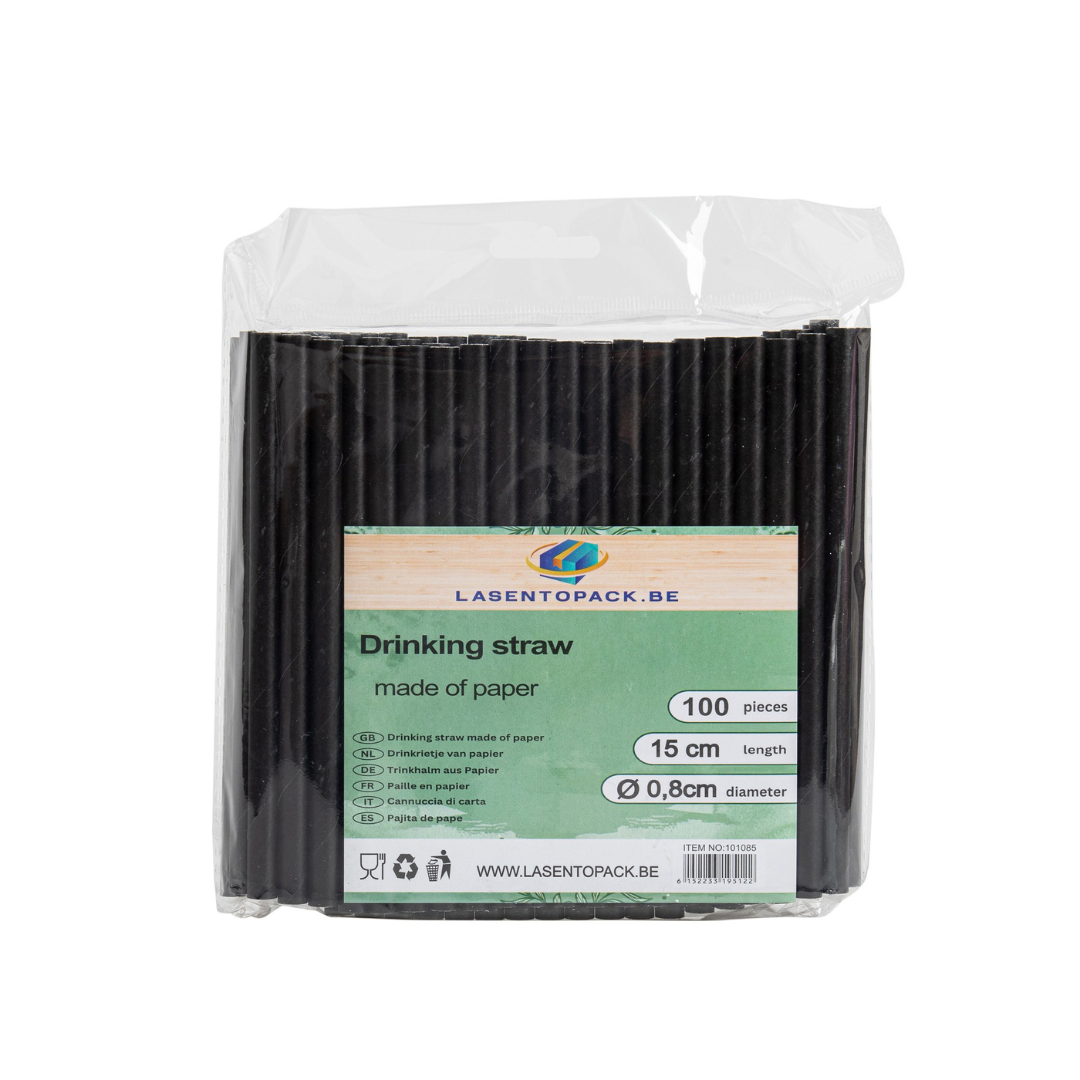 100x BIO Papieren drinkrietje Ø 8 mm x 15cm Zwart voor Cocktails