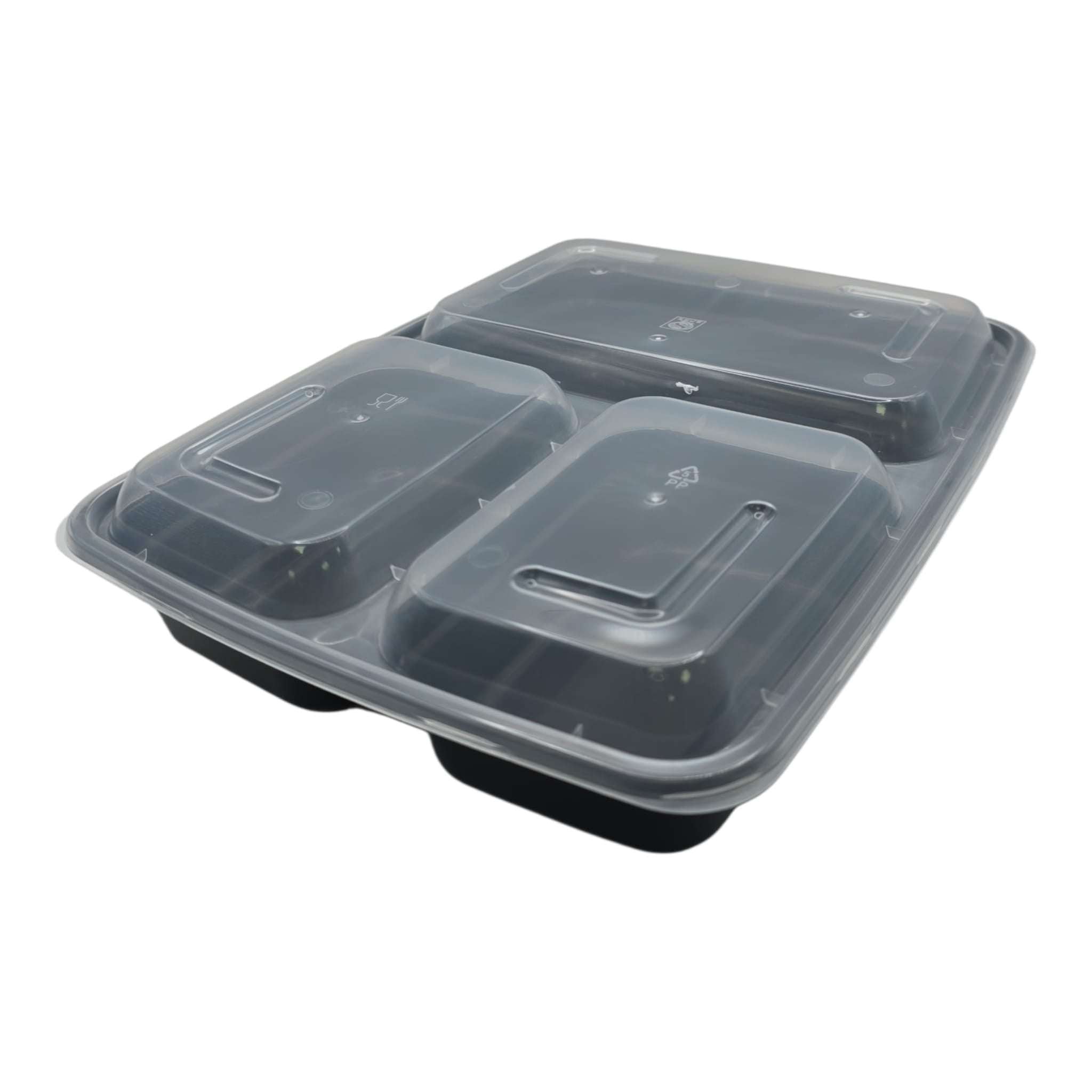 Zwarte Maaltijdbak PP 1150ml met 3 vakken en deksel, geschikt voor magnetron, vriezer en vaatwasser, stapelbaar en voedselveilig